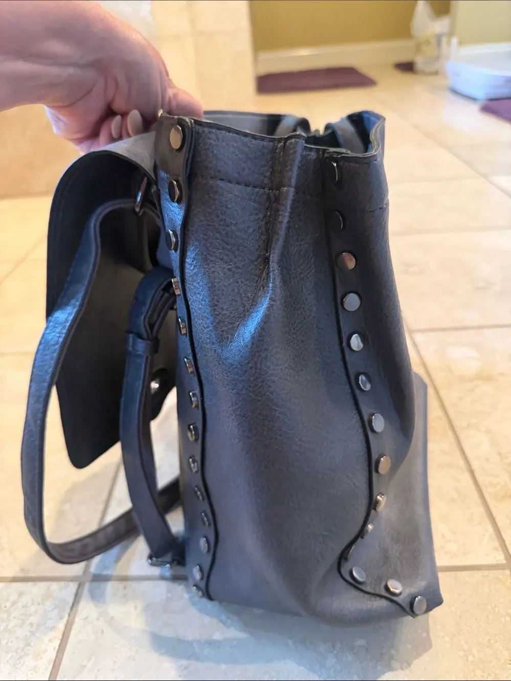 Stud-Trim Faux-Leather Navy Backpack Tote